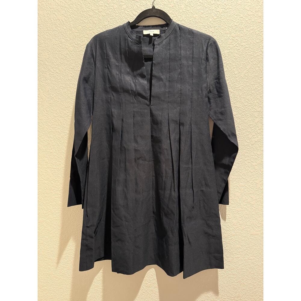 Vince. Pleat Long Sleeve Linen Blend Trapeze Dress in Navy 0
